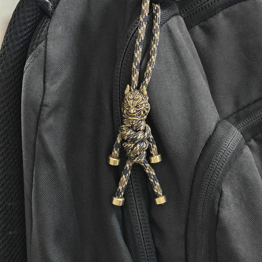 Brass Mythical Mask Paracord Keychain — EDC Backpack Charm & Car Ornament