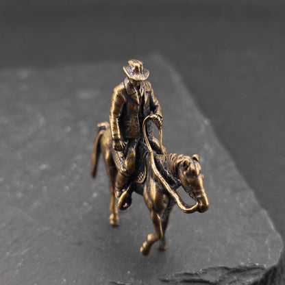 Brass Cowboy on Horseback Figurine — Polished Western Desk Sculpture & Miniature Collector Piece