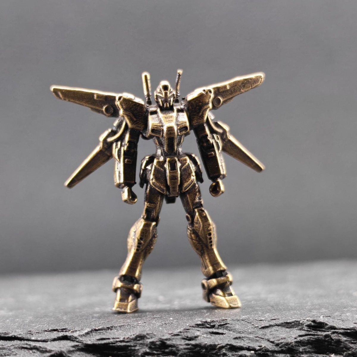 Brass Winged Mobile Suit Micro Figurine — Sci-Fi Mecha Diorama & Terrarium Sculpture