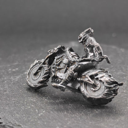 Aged Brass Motorcycle Rider Figurine — Biker Desk Sculpture & Collector Miniature