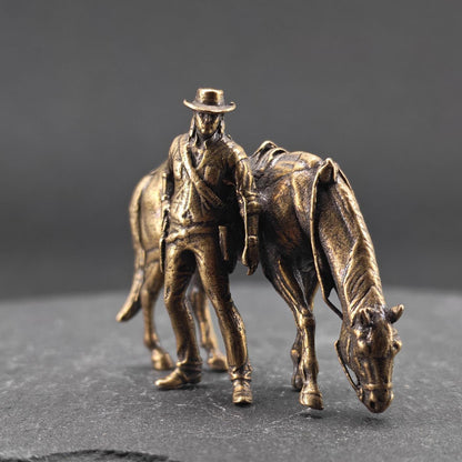 Brass Cowboy & Grazing Horse Scene — Western Miniature Diorama Sculpture & Collector Piece