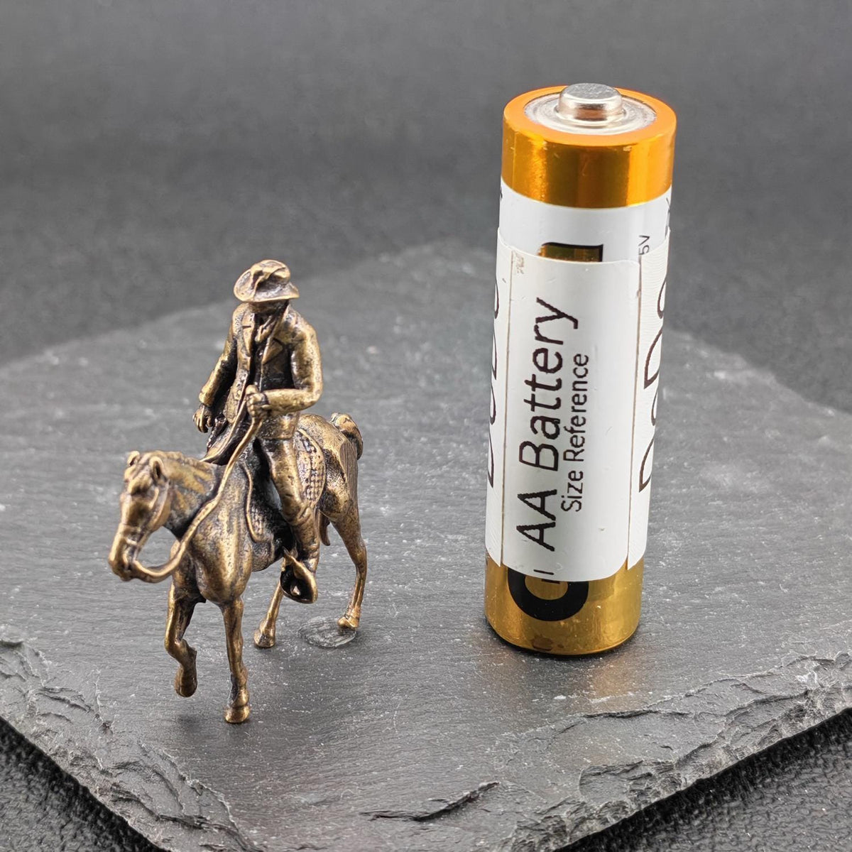 Brass Cowboy on Horseback Figurine — Polished Western Desk Sculpture & Miniature Collector Piece