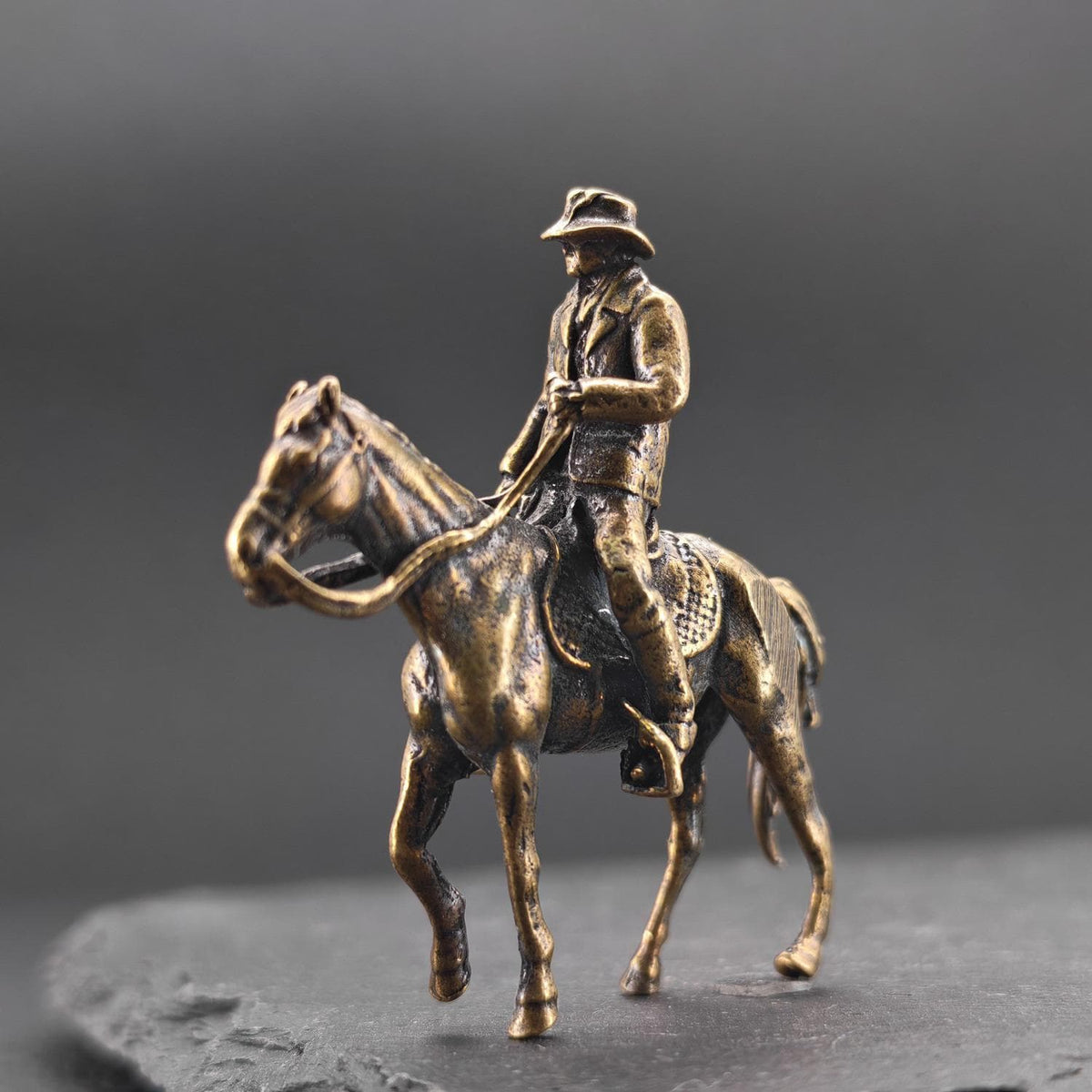 Brass Cowboy on Horseback Figurine — Polished Western Desk Sculpture & Miniature Collector Piece