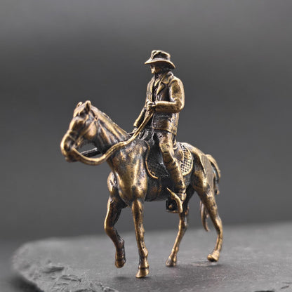 Brass Cowboy on Horseback Figurine — Polished Western Desk Sculpture & Miniature Collector Piece
