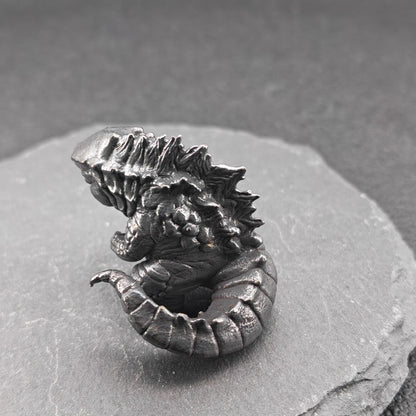 Chubby Brass Kaiju Figurine — Oxidised Black Monster Desk Sculpture & Collector Piece