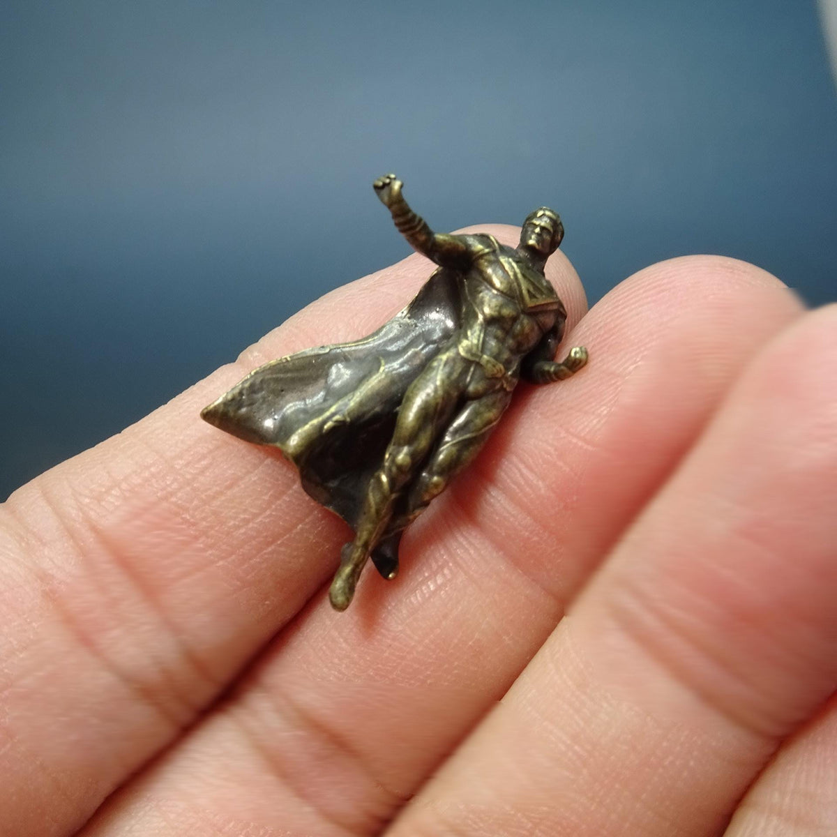 Brass Flying Superhero Figurine — Caped Hero Desk Sculpture & Comic Collector Miniature