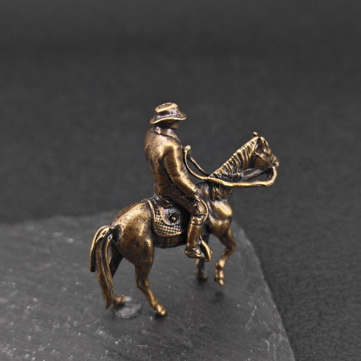 Brass Cowboy on Horseback Figurine — Polished Western Desk Sculpture & Miniature Collector Piece