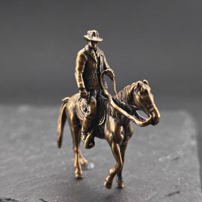 Brass Cowboy on Horseback Figurine — Polished Western Desk Sculpture & Miniature Collector Piece