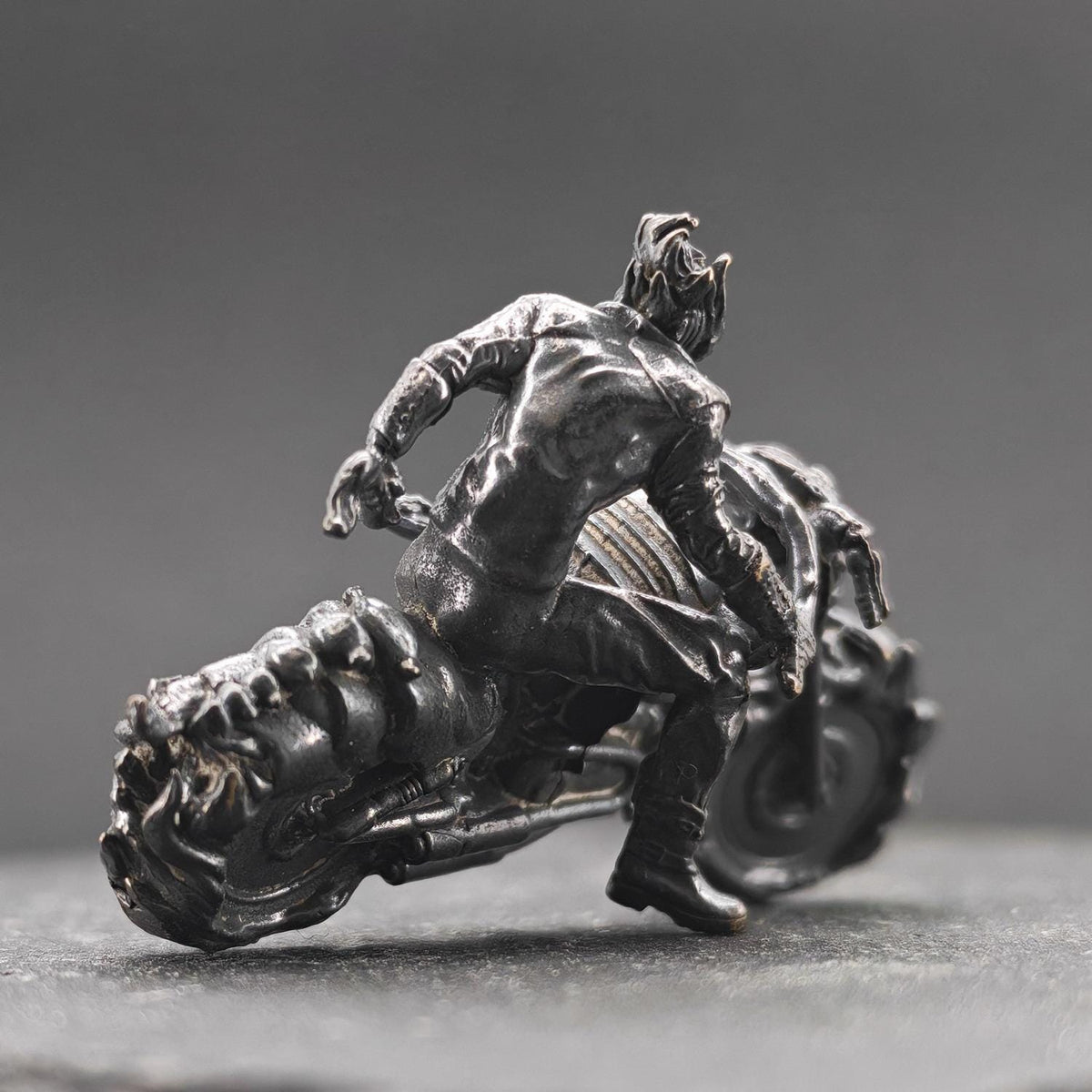 Aged Brass Motorcycle Rider Figurine — Biker Desk Sculpture & Collector Miniature