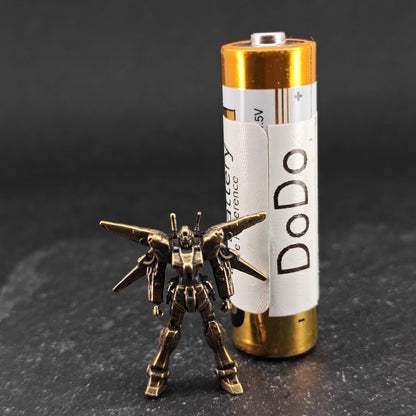 Brass Winged Mobile Suit Micro Figurine — Sci-Fi Mecha Diorama & Terrarium Sculpture