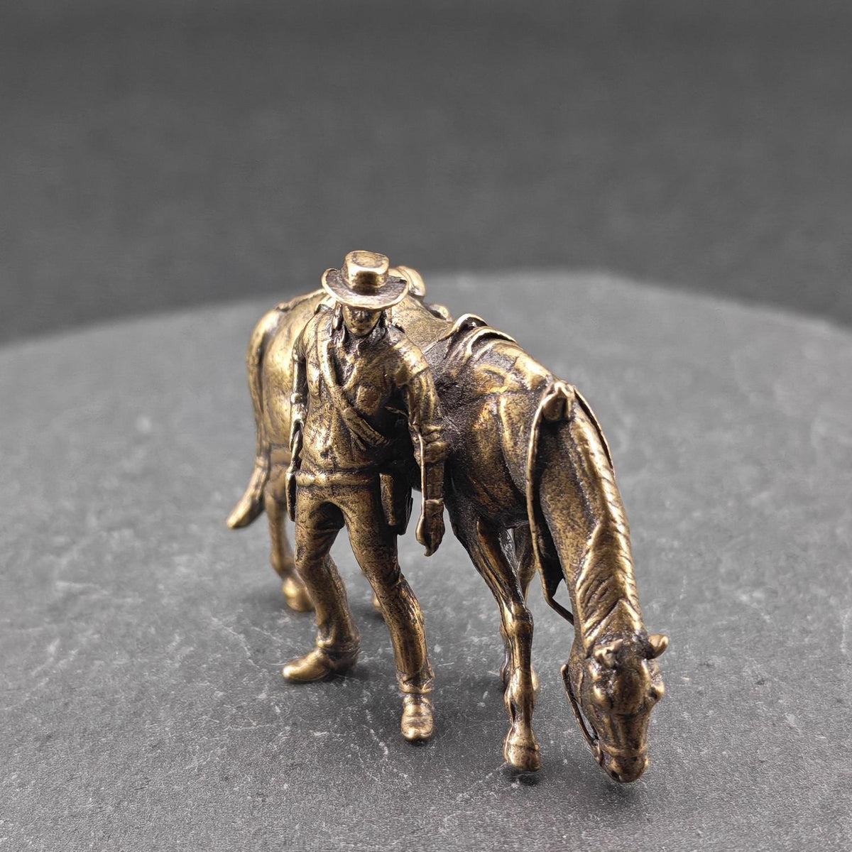 Brass Cowboy & Grazing Horse Scene — Western Miniature Diorama Sculpture & Collector Piece