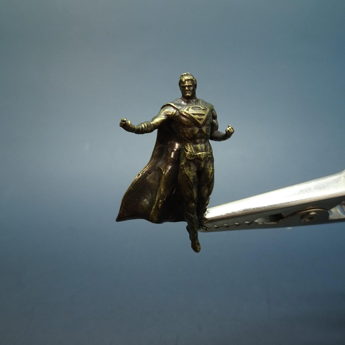 Brass Flying Superhero Figurine — Caped Hero Desk Sculpture & Comic Collector Miniature
