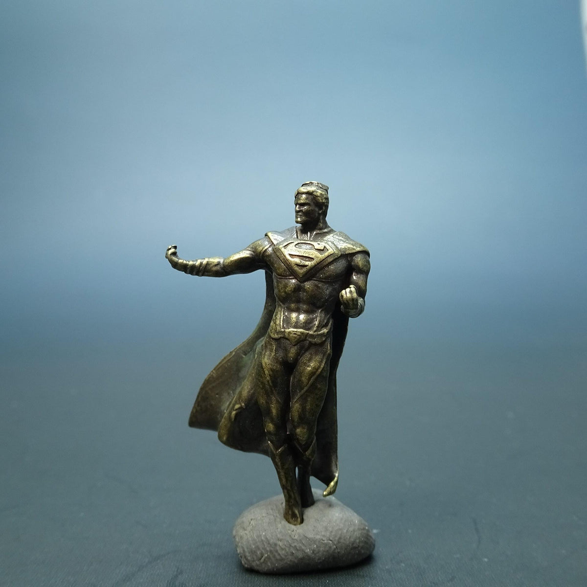 Brass Flying Superhero Figurine — Caped Hero Desk Sculpture & Comic Collector Miniature