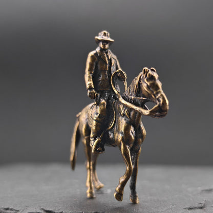 Brass Cowboy on Horseback Figurine — Polished Western Desk Sculpture & Miniature Collector Piece