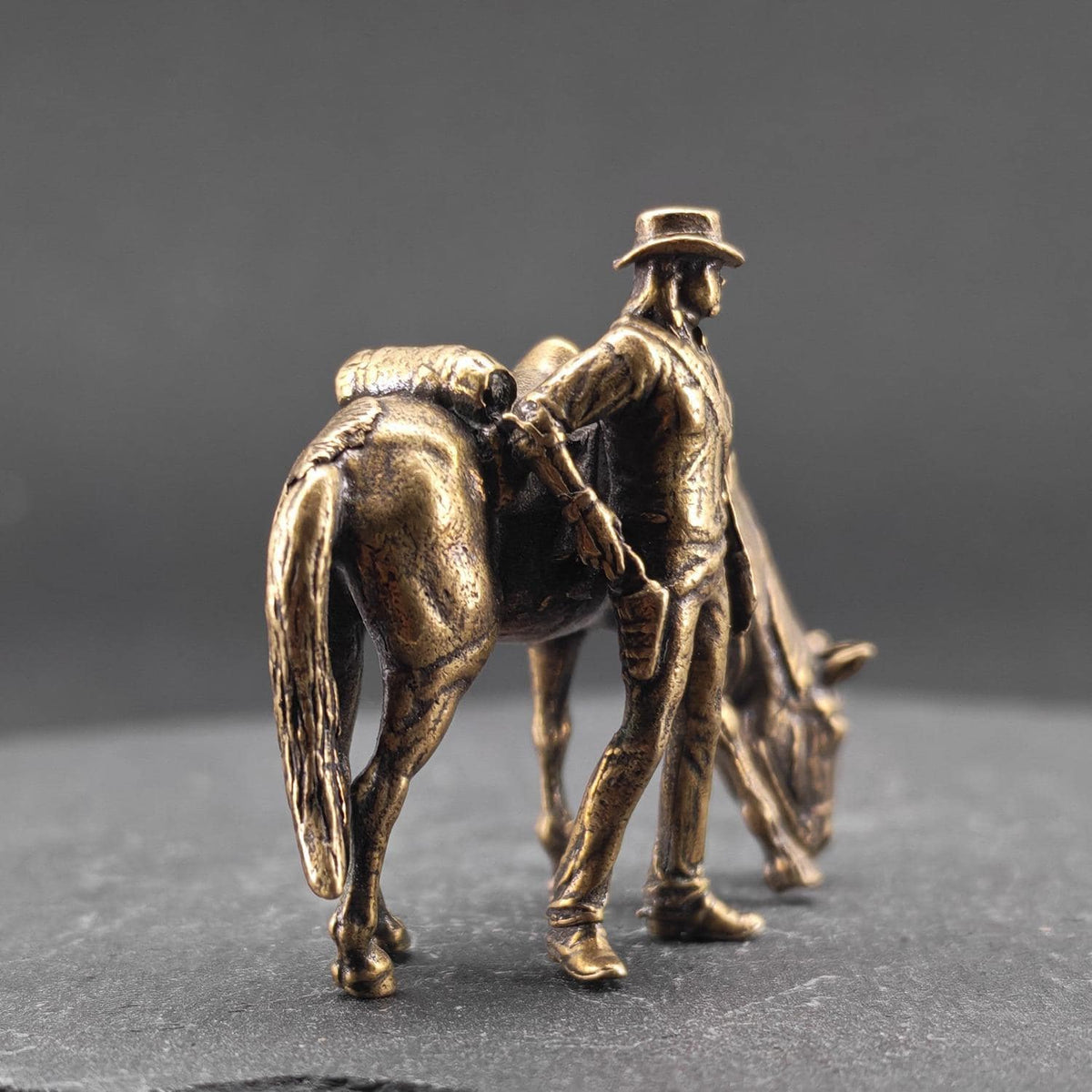Brass Cowboy & Grazing Horse Scene — Western Miniature Diorama Sculpture & Collector Piece