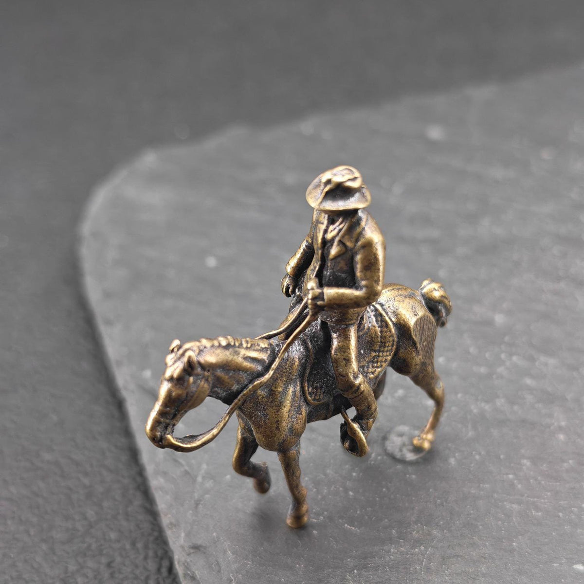Brass Cowboy on Horseback Figurine — Polished Western Desk Sculpture & Miniature Collector Piece