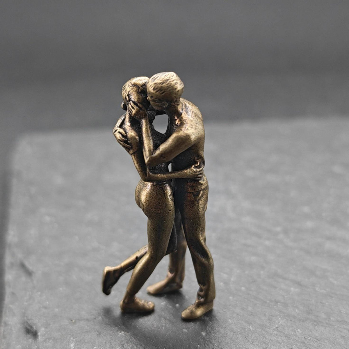 Miniature Brass Couple Figurine — Embracing & Kissing Lovers Sculpture