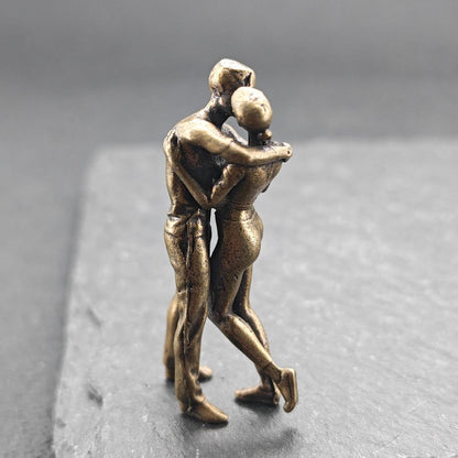 Miniature Brass Couple Figurine — Embracing & Kissing Lovers Sculpture