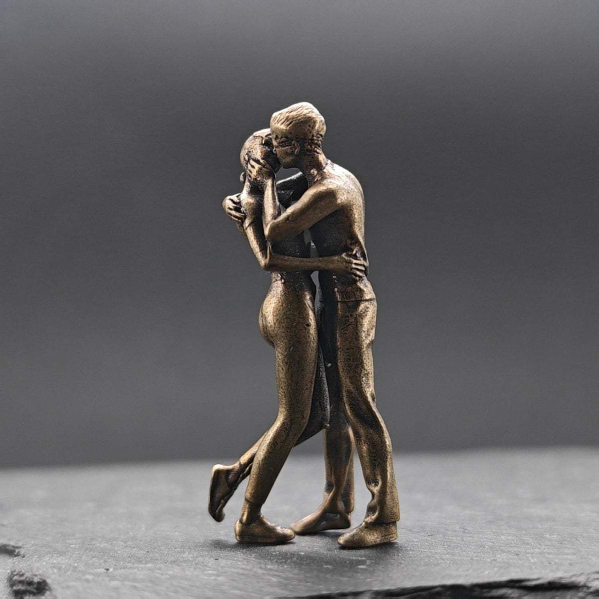 Miniature Brass Couple Figurine — Embracing & Kissing Lovers Sculpture