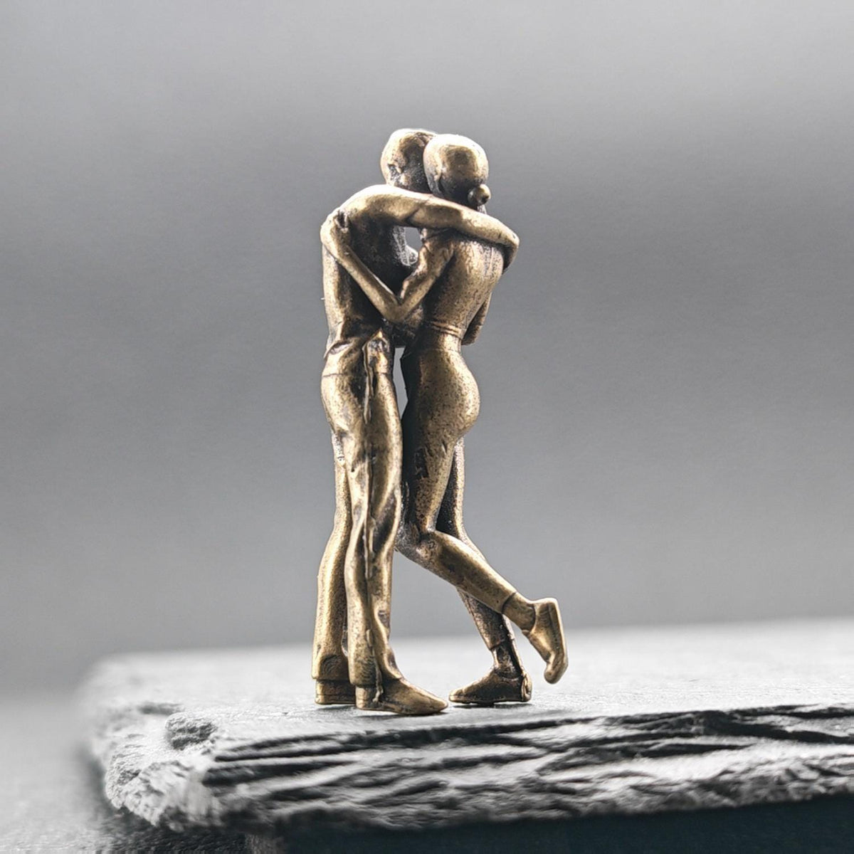 Miniature Brass Couple Figurine — Embracing & Kissing Lovers Sculpture