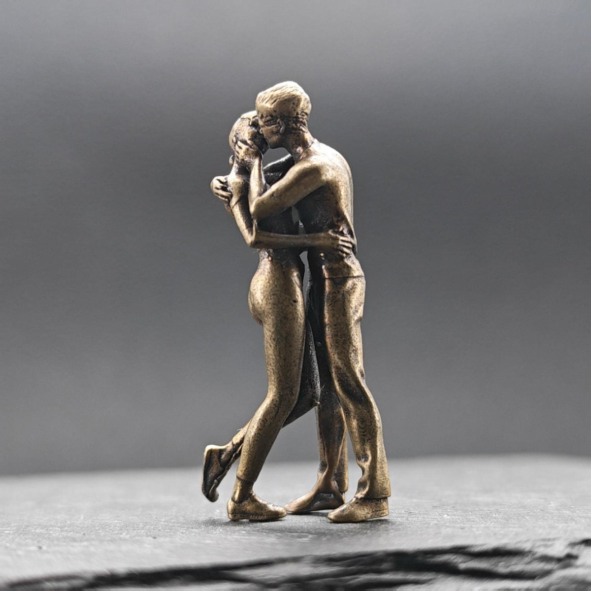 Miniature Brass Couple Figurine — Embracing & Kissing Lovers Sculpture