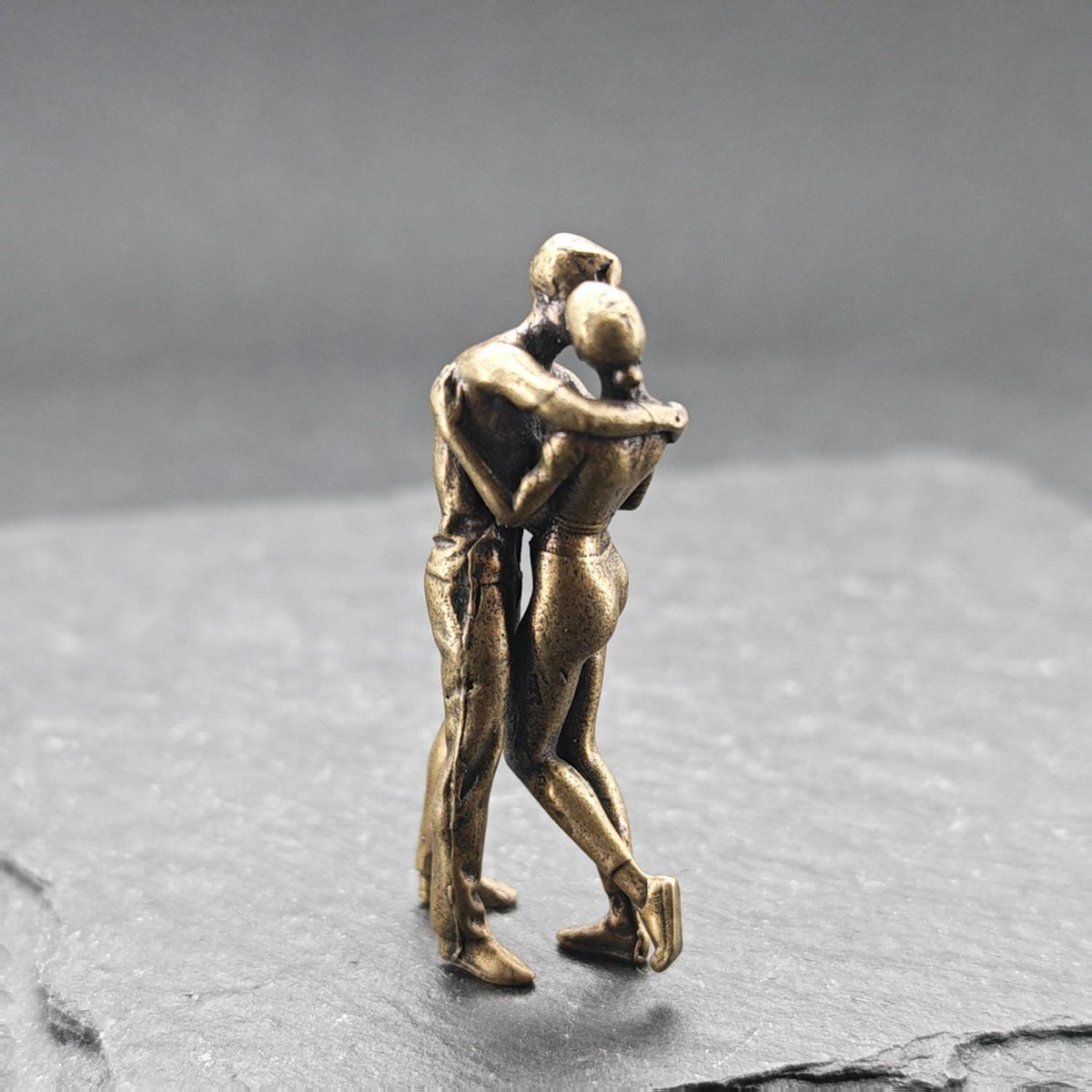 Miniature Brass Couple Figurine — Embracing & Kissing Lovers Sculpture