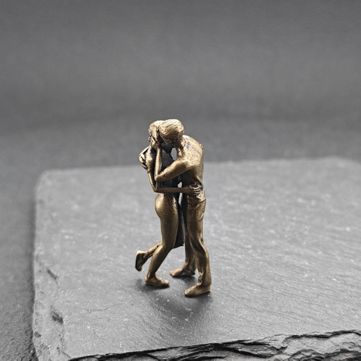 Miniature Brass Couple Figurine — Embracing & Kissing Lovers Sculpture