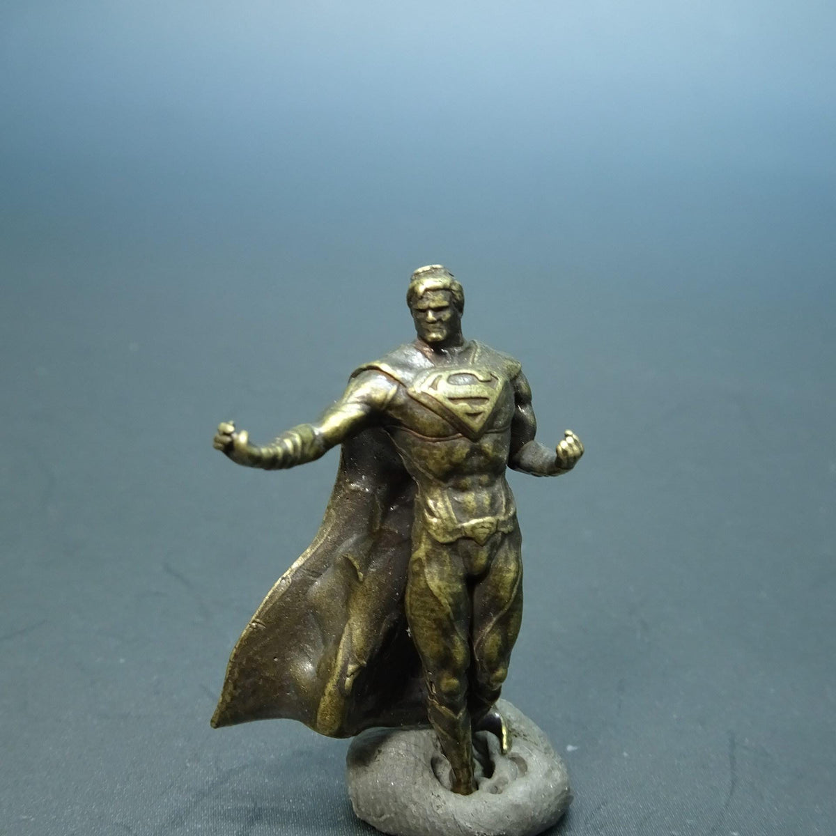 Brass Flying Superhero Figurine — Caped Hero Desk Sculpture & Comic Collector Miniature