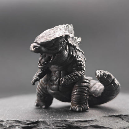 Chubby Brass Kaiju Figurine — Oxidised Black Monster Desk Sculpture & Collector Piece