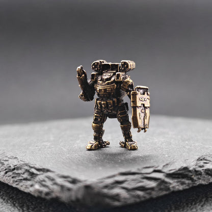 Brass Mech Warrior Miniature – Sci-Fi Robot Collectible for Terrarium, Diorama & Desktop