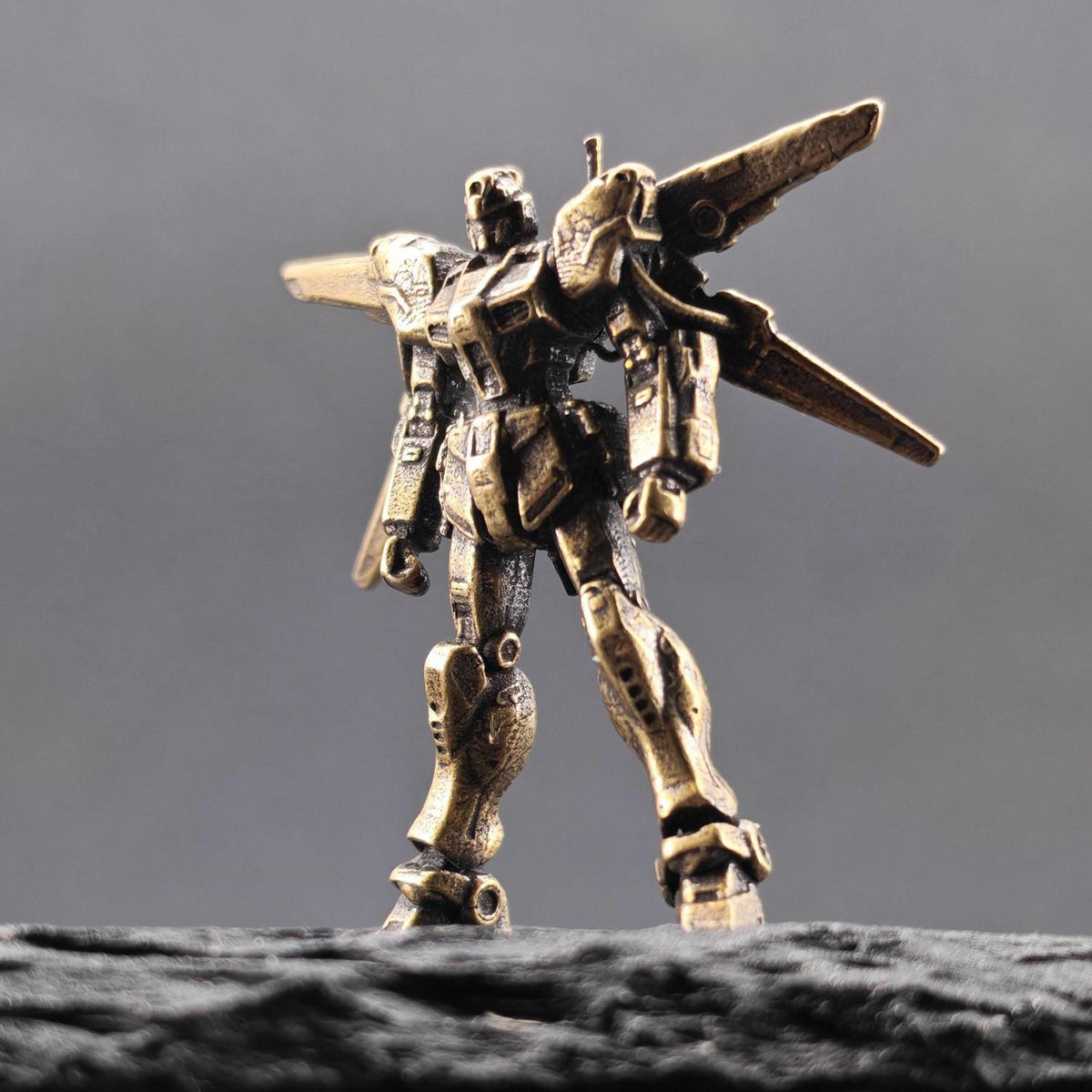 Brass Winged Mobile Suit Micro Figurine — Sci-Fi Mecha Diorama & Terrarium Sculpture
