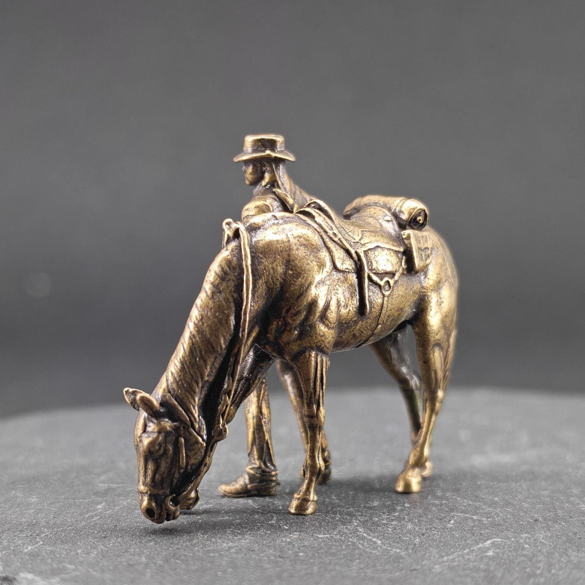 Brass Cowboy & Grazing Horse Scene — Western Miniature Diorama Sculpture & Collector Piece