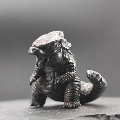 Chubby Brass Kaiju Figurine — Oxidised Black Monster Desk Sculpture & Collector Piece