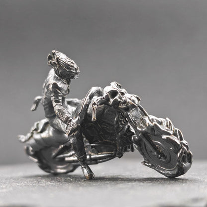 Aged Brass Motorcycle Rider Figurine — Biker Desk Sculpture & Collector Miniature
