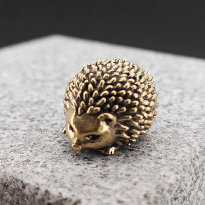Brass Hedgehog Figurine with Flower – Miniature Collectible Desk Ornament