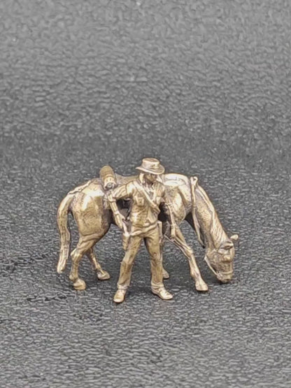 Brass Cowboy & Grazing Horse Scene — Western Miniature Diorama Sculpture & Collector Piece
