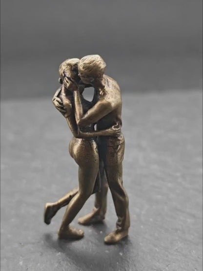 Miniature Brass Couple Figurine — Embracing & Kissing Lovers Sculpture
